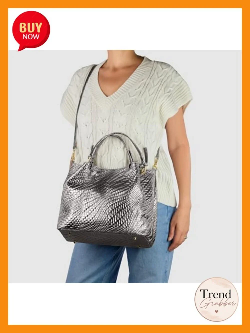 Italian Genuine Suede Top-Handle Bag with Metallic Grid Texture & Removable